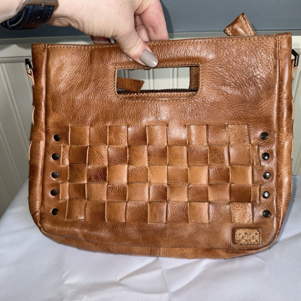 BED STU Orchid Brown Cognac Woven Leather Studded Crossbody Satchel Bag Purse